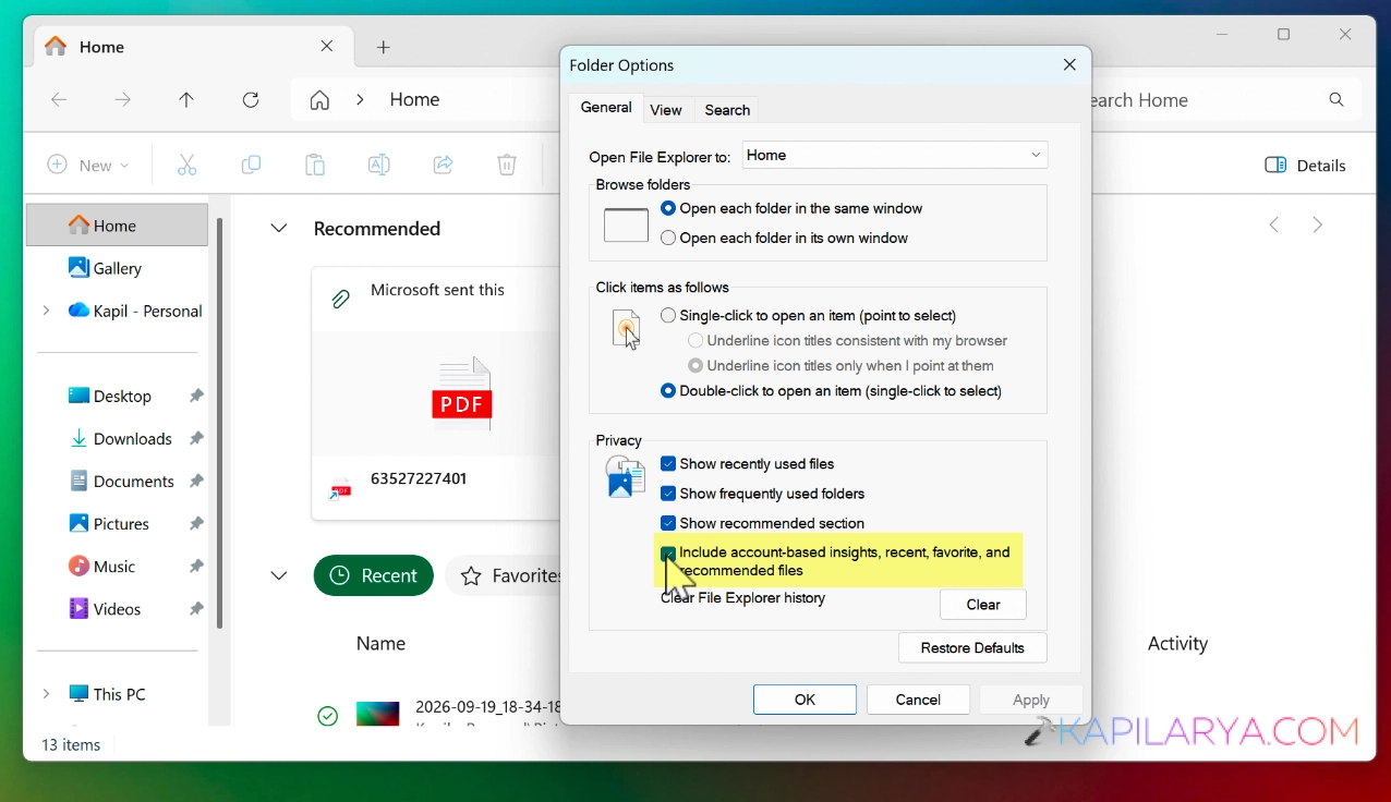 Folder Options window