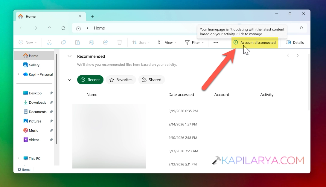 Account Disconnected in Windows 11 File Explorer home