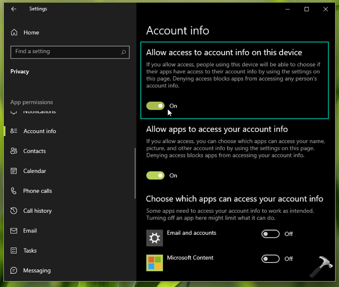 Prevent apps from accessing your account info in Windows 10