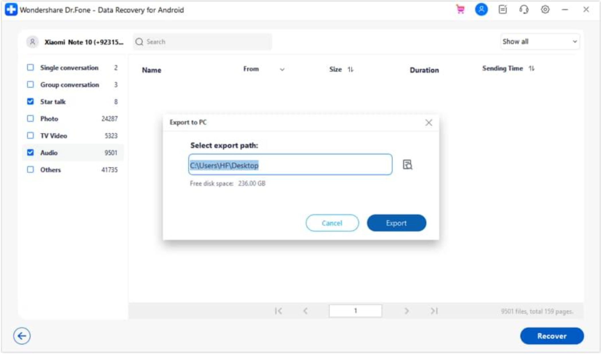 click recover and then export