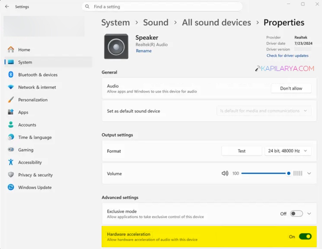 Enable audio hardware acceleration using Settings