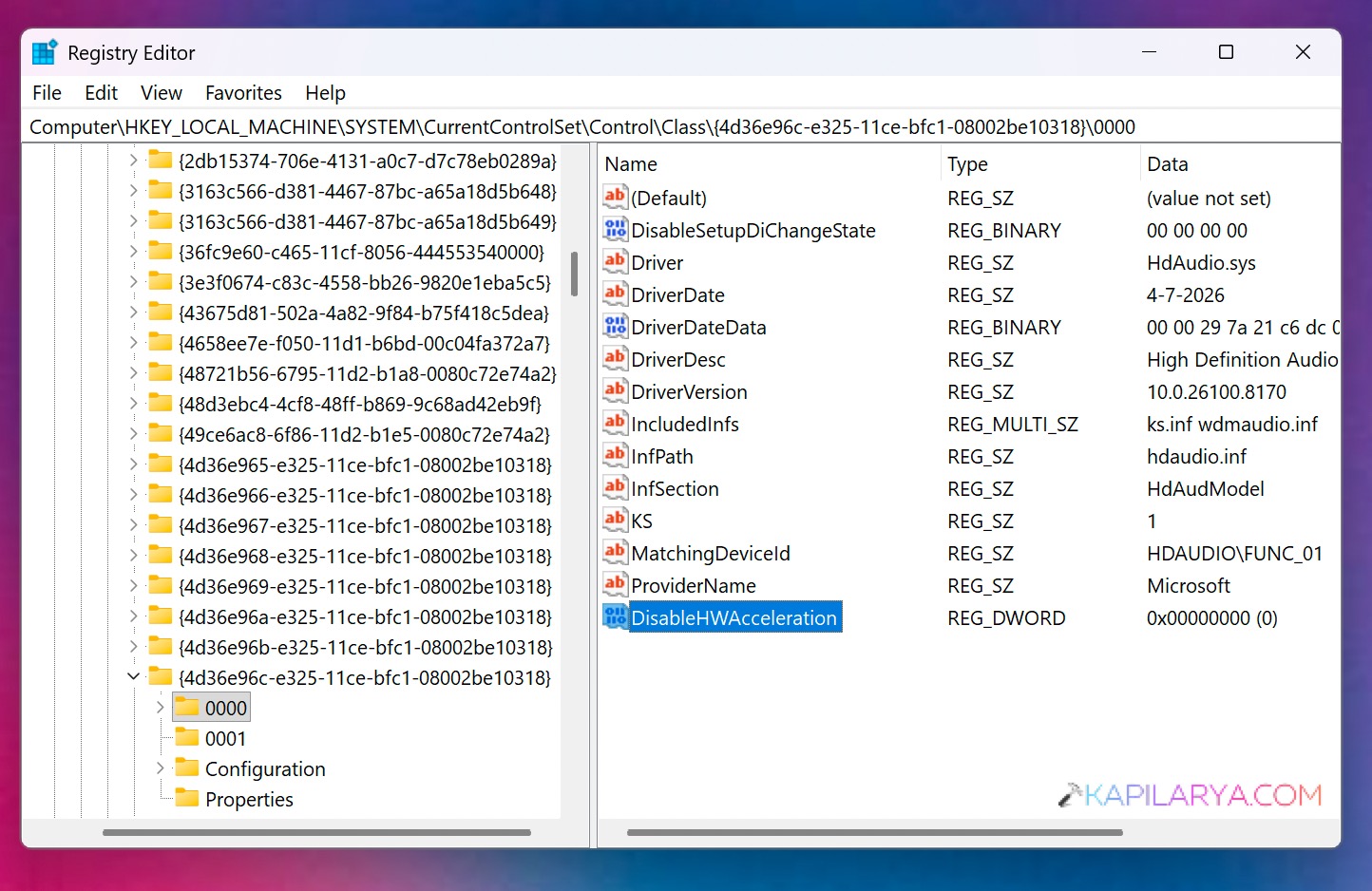 Enable audio hardware acceleration using registry