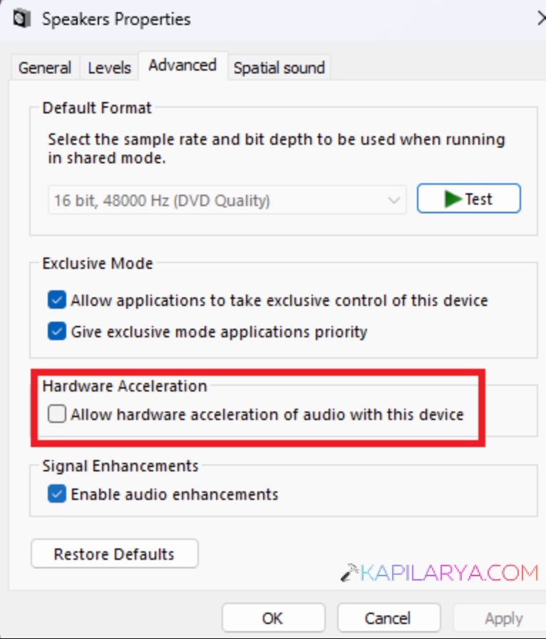 Enable audio hardware acceleration using audio device properties