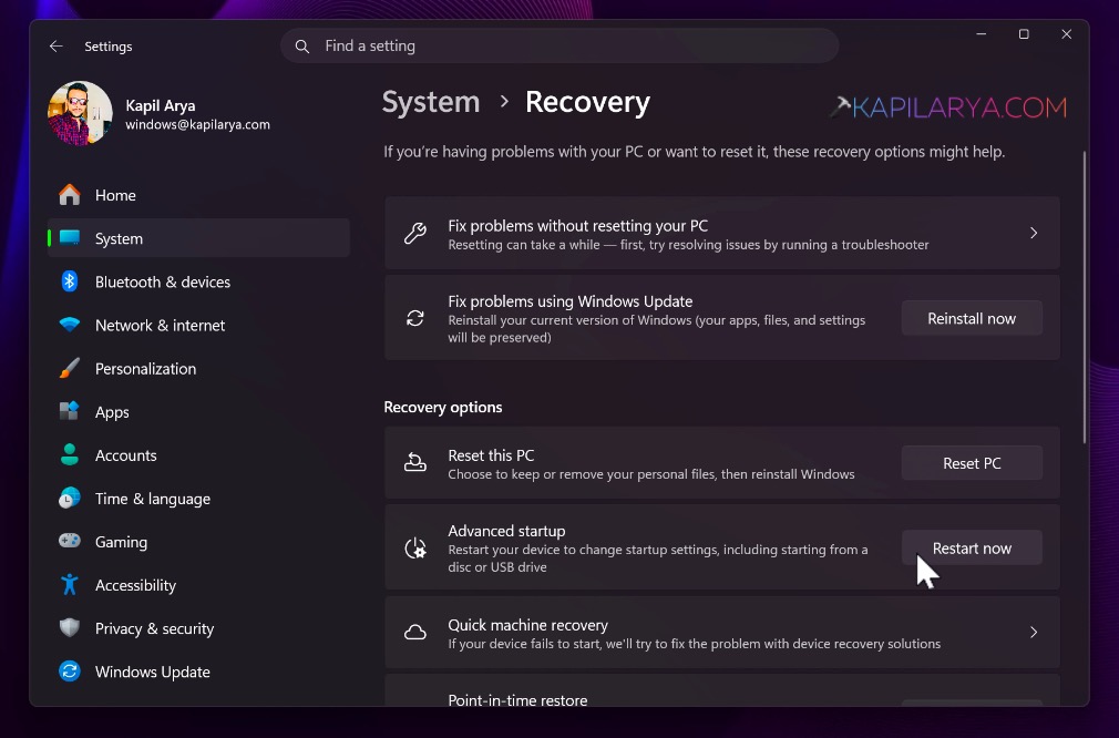 Advanced startup Restart now