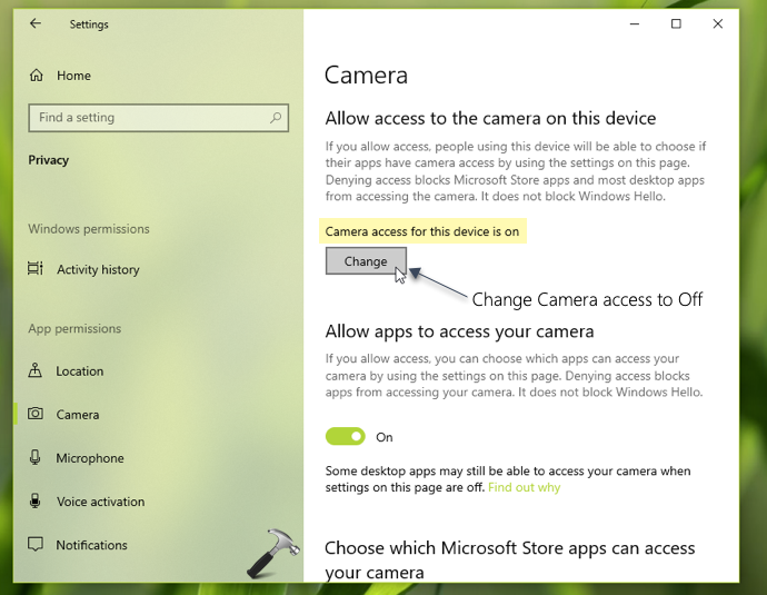 disable webcam windows 10