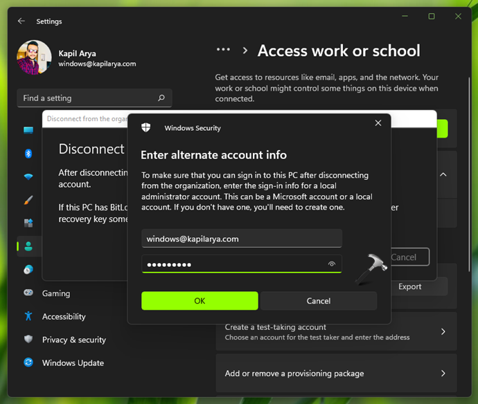 Disconnect Windows 11 from work or school account