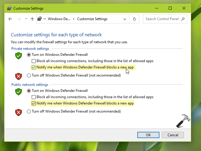 Enable Or Disable Windows Defender Firewall Notifications