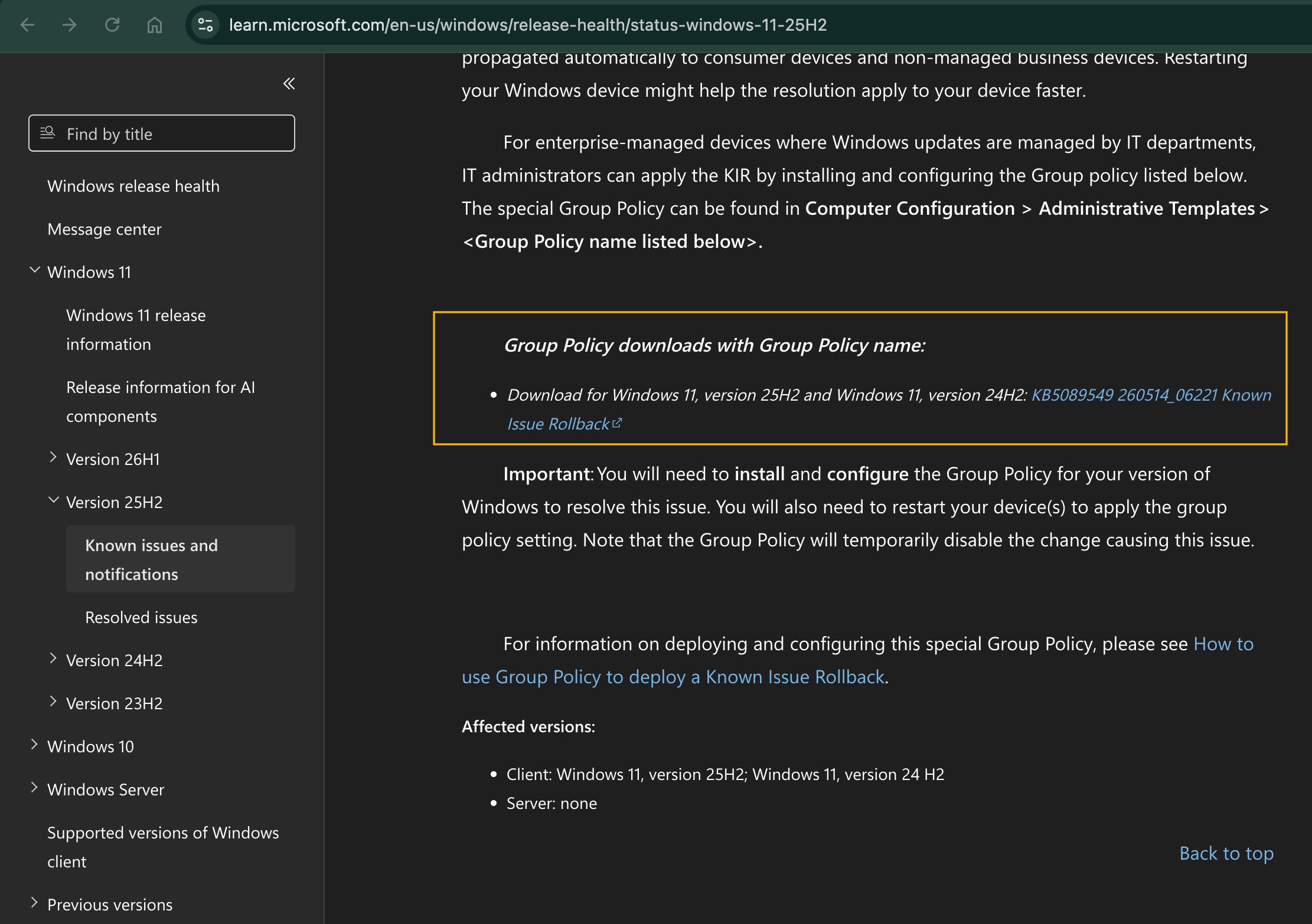 download Known Issue Rollback