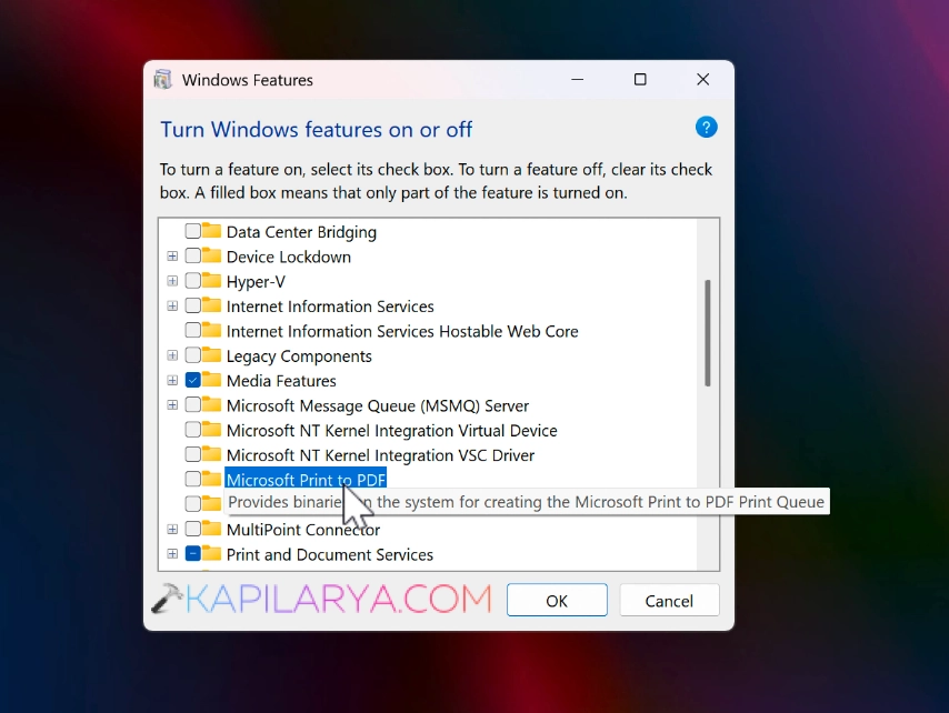 Turn windows features on or off