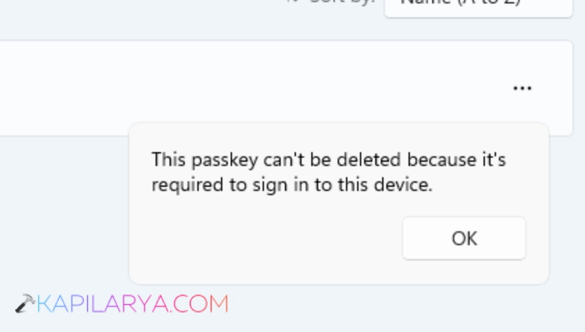 This passkey can't be deleted because it is required to sign into this device
