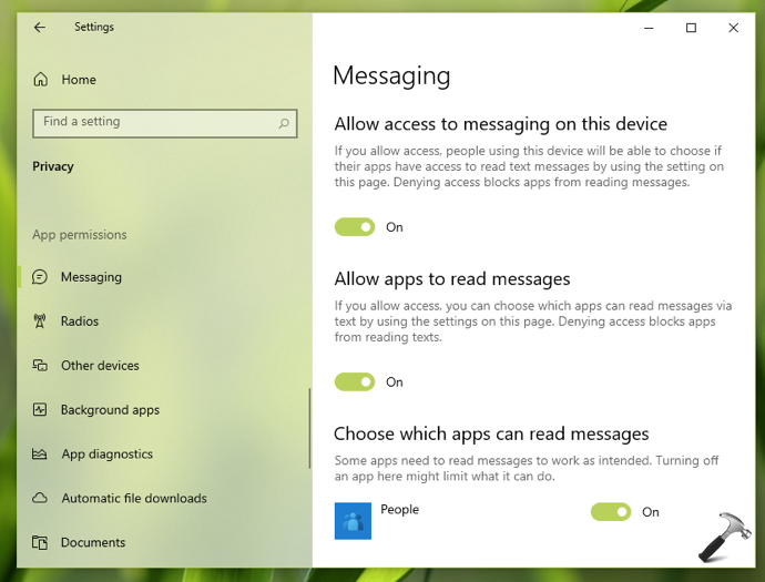 How to prevent apps to access messages in Windows 10