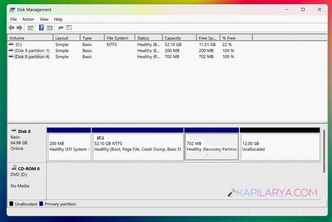 Recovery Partition listed between C: and unallocated space