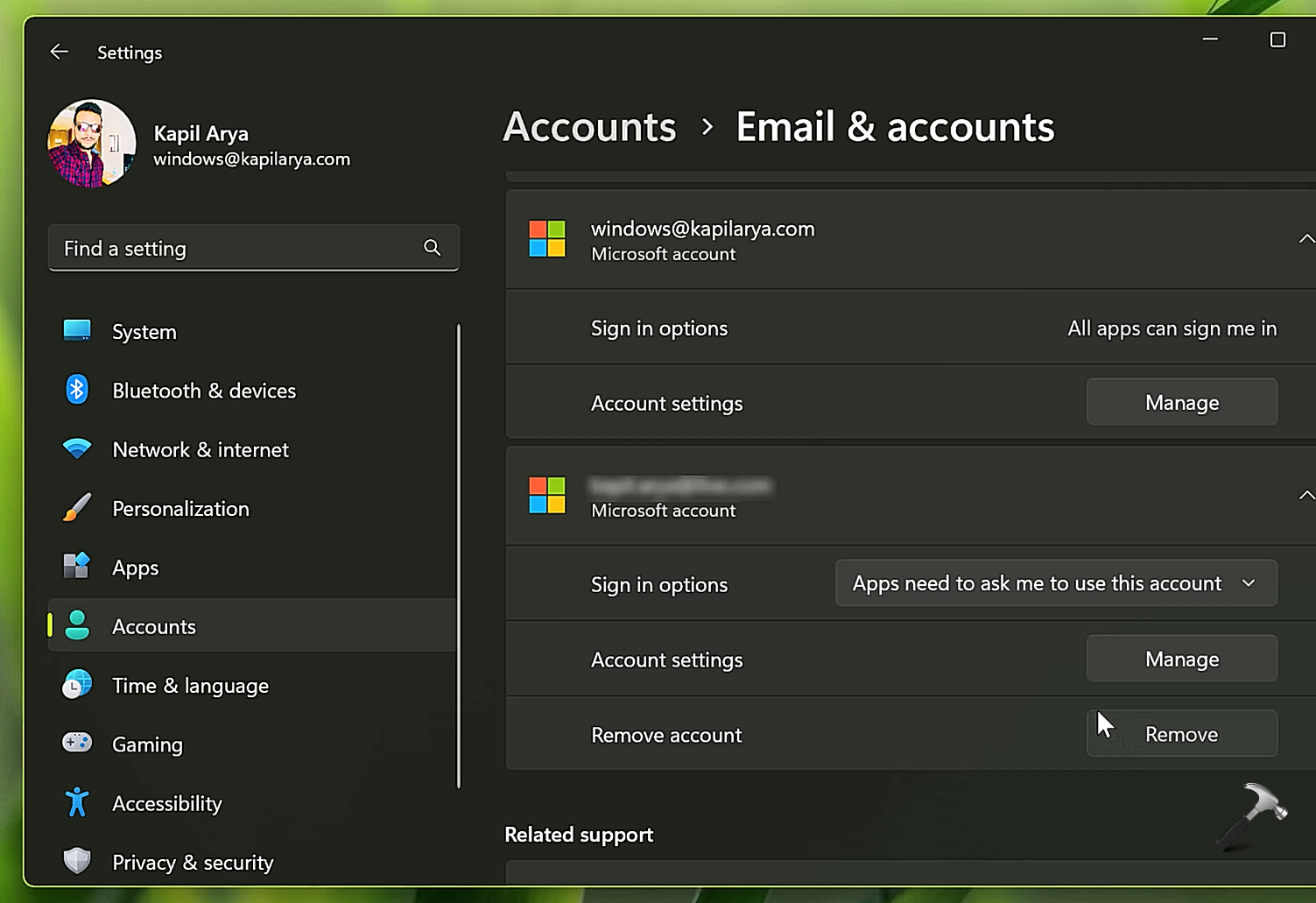 No Remove button for Microsoft Account in Windows 11/10