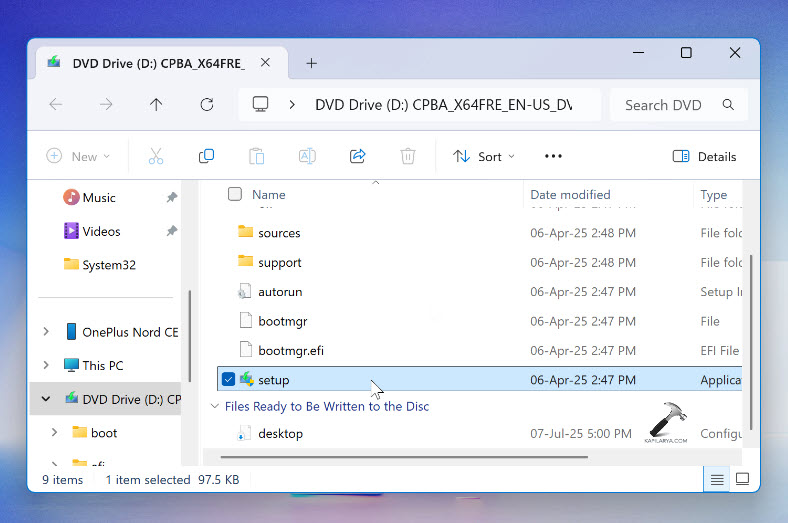 Windows 11 ISO has been mounted to the DVD drive