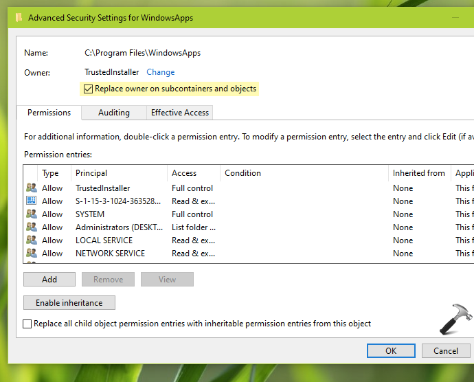 windowsapps folder permissions reset