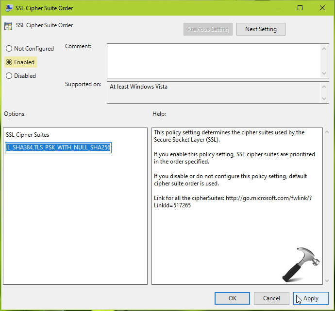 How to configure SSL cipher suite order in Windows