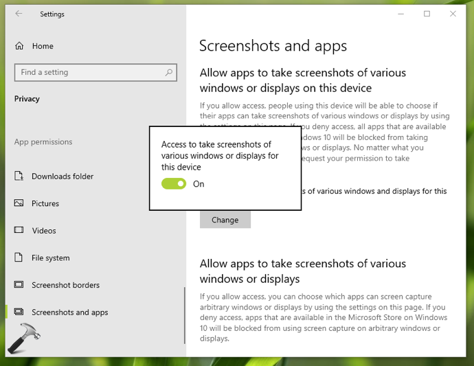 Allow or prevent apps to take screenshots in Windows 10