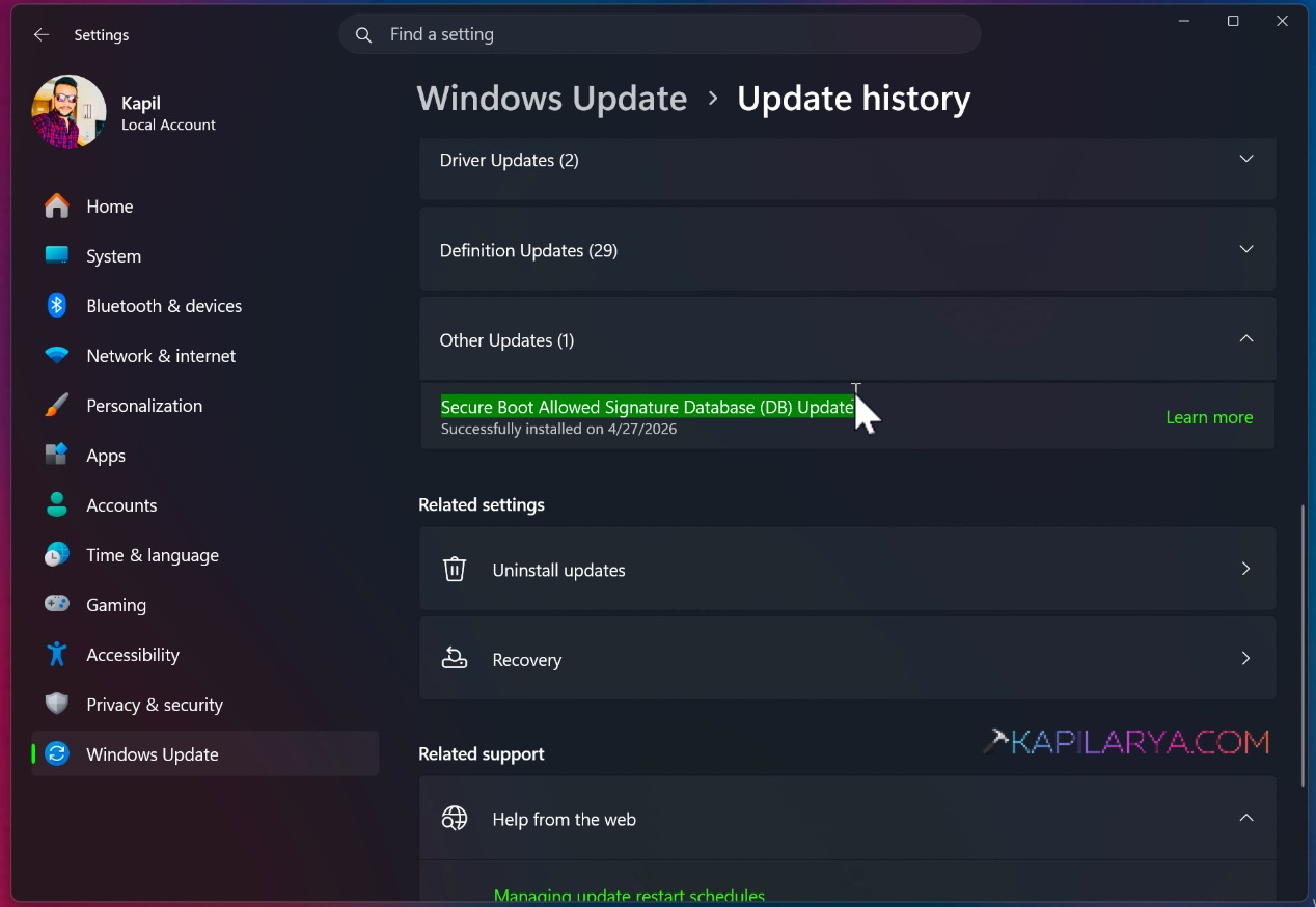 Update history Secure Boot Allowed Signature Database (DB) Update