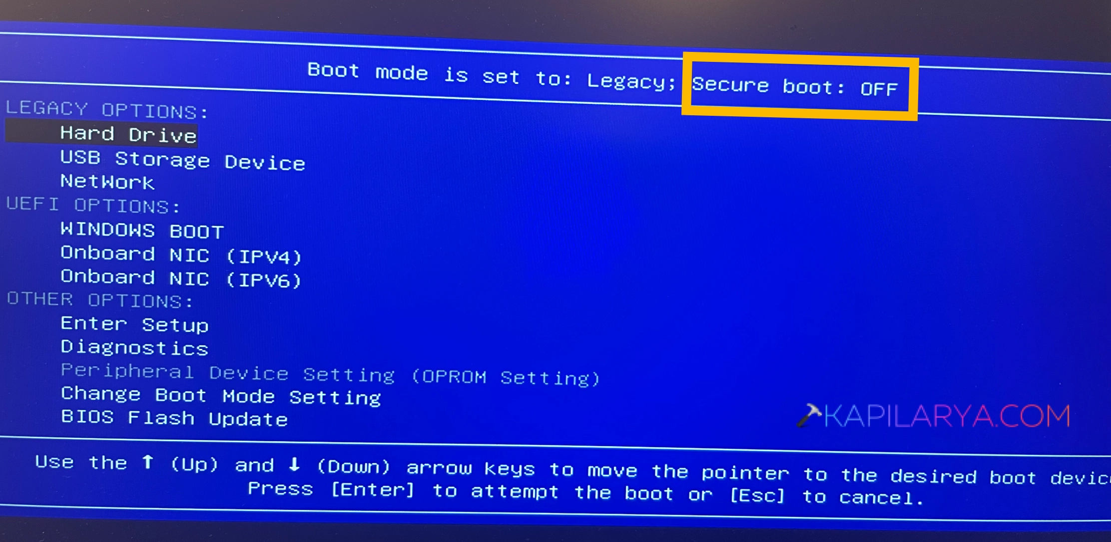Example of Secure Boot disabled