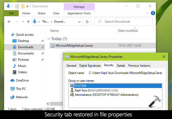 security tab windows 10