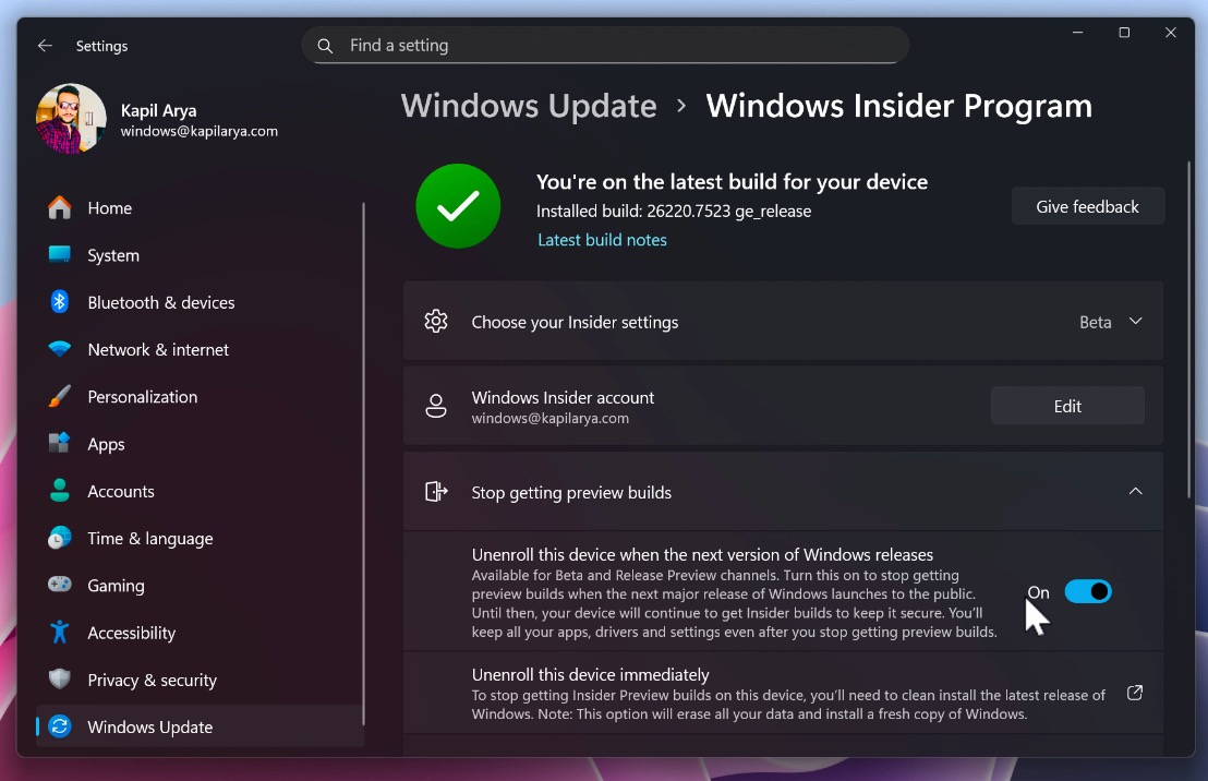 Stop receiving Insider builds in Windows 11 and switch to stable version