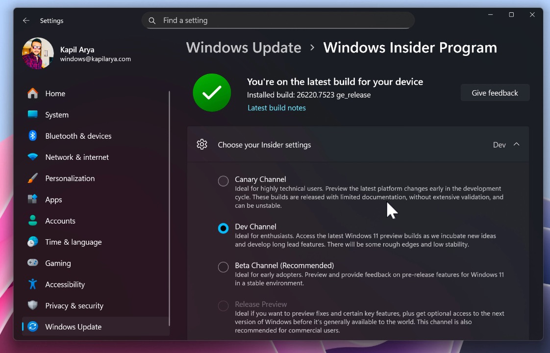 Stop receiving Insider builds in Windows 11 Canary or Dev channel