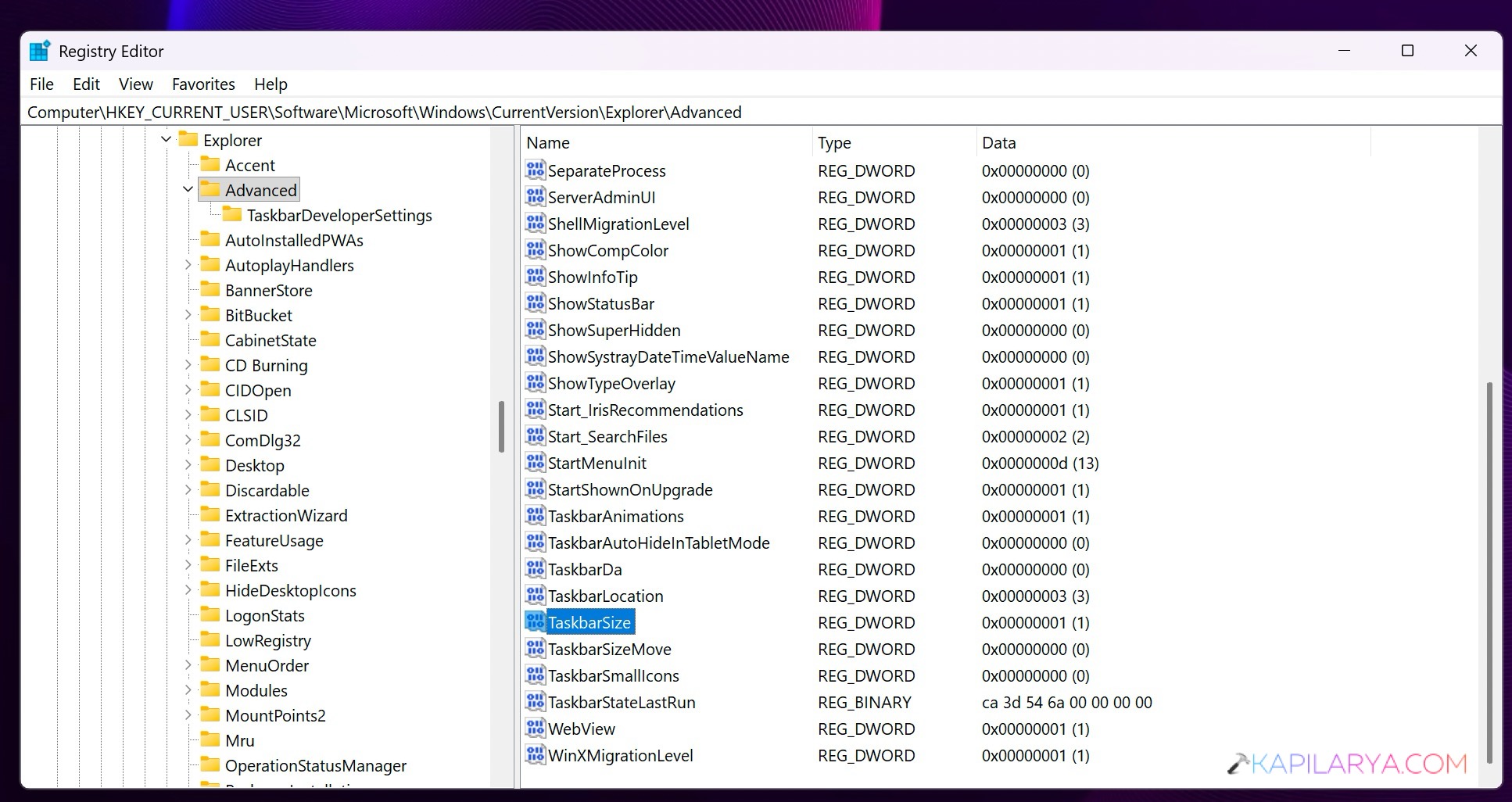 Change taskbar size registry