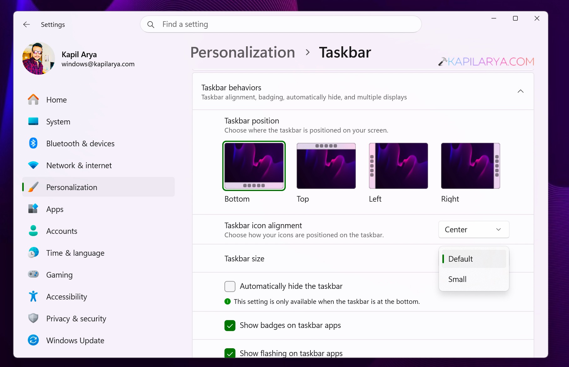 Change taskbar size
