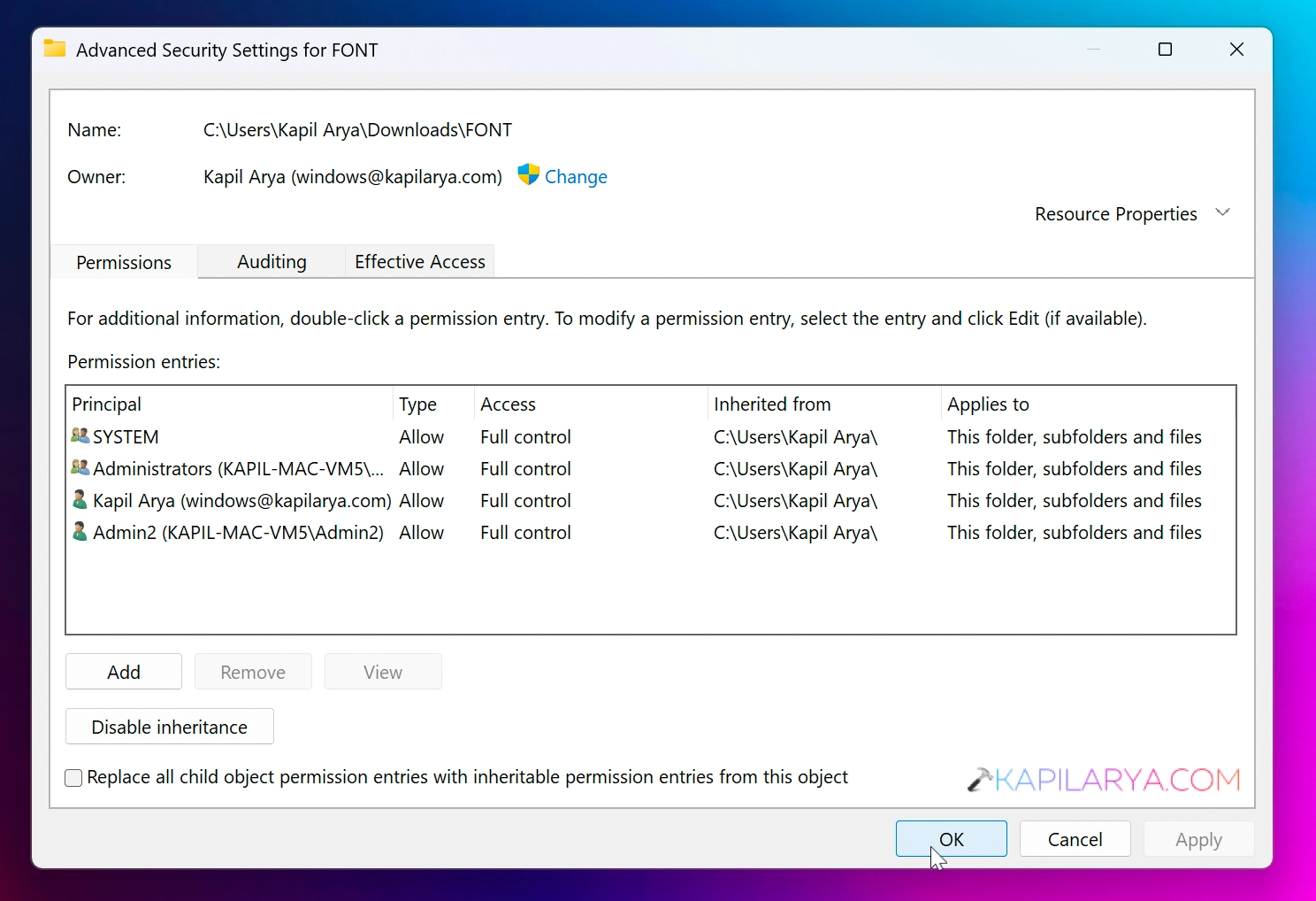 Advanced security settings window