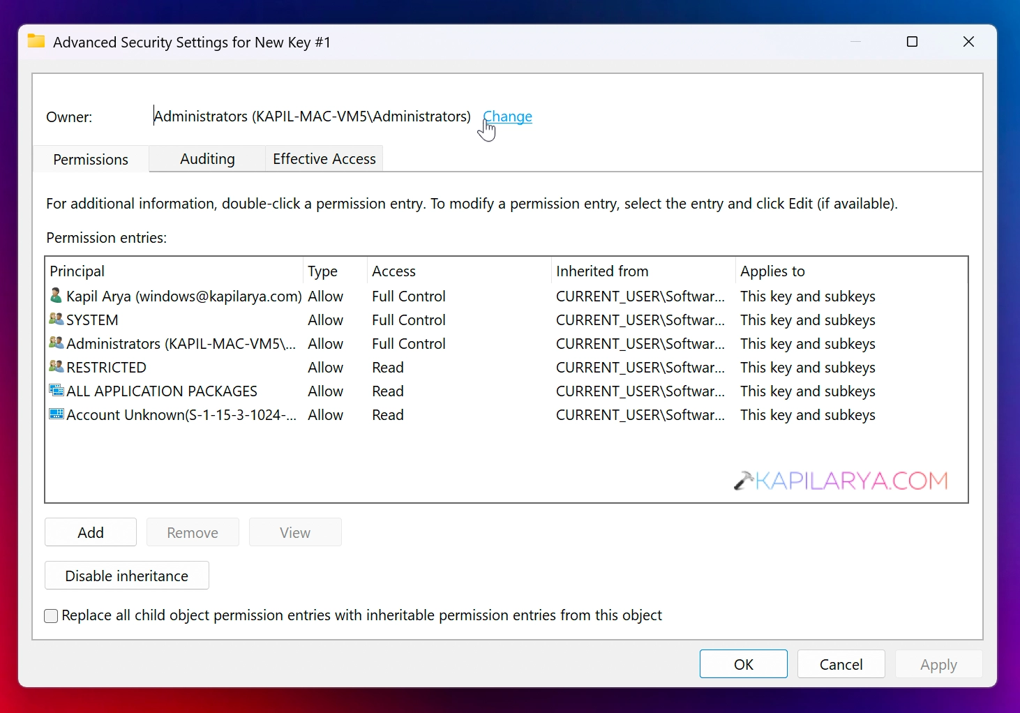Advanced security settings window