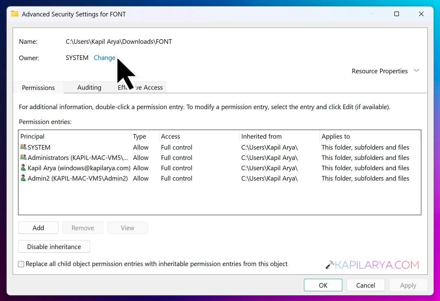 Advanced security settings