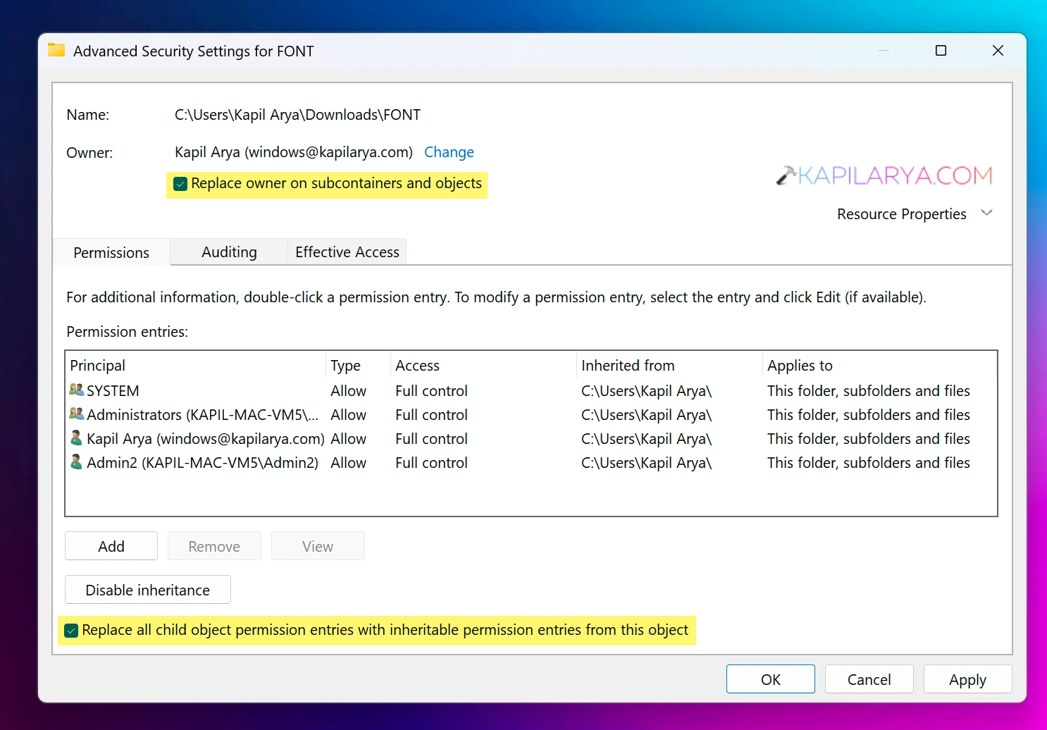 Advanced security settings