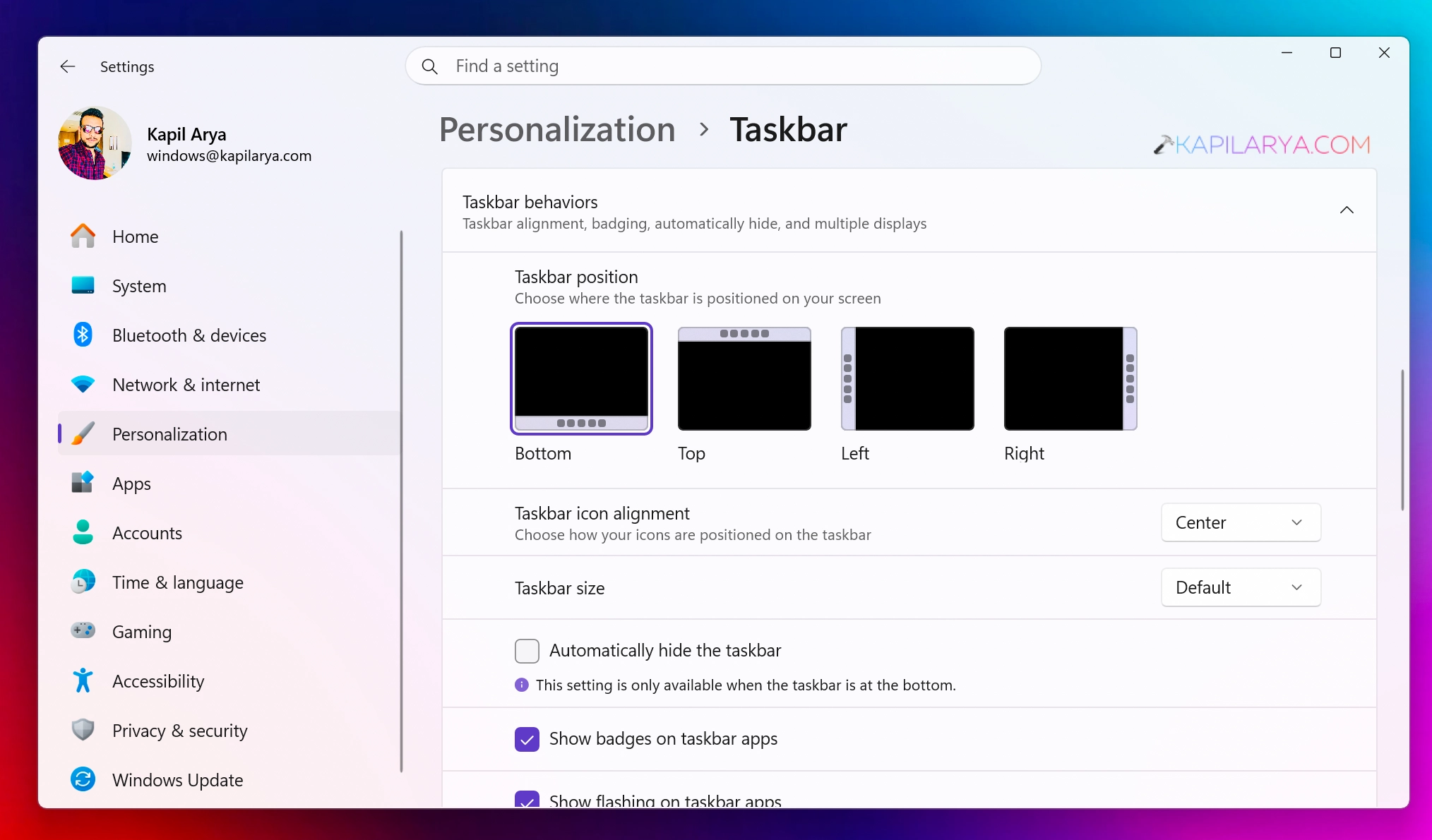 Change taskbar position in Windows 11 using Settings