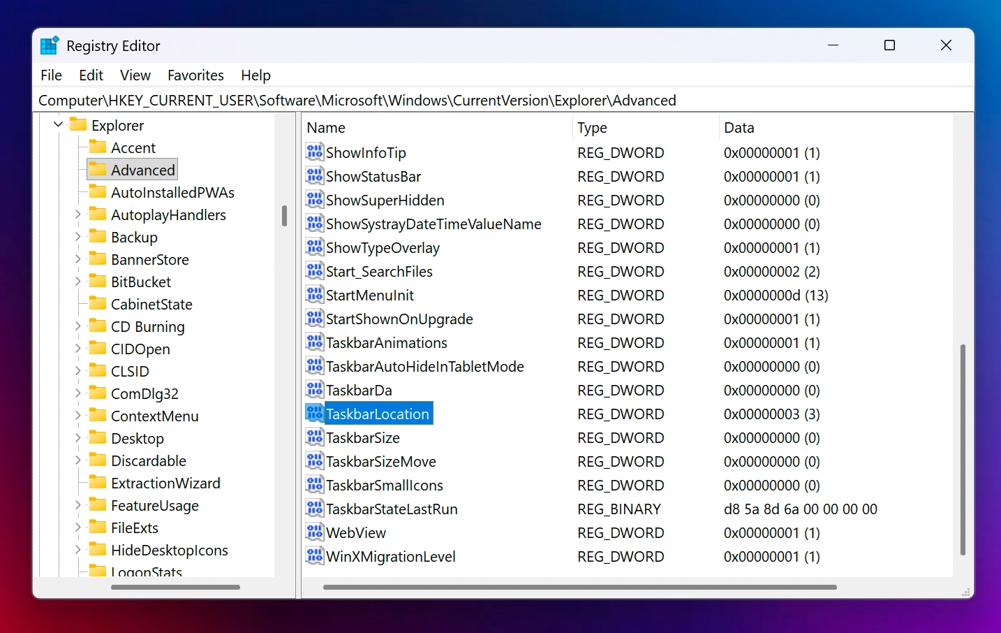 Change taskbar position in Windows 11 using registry