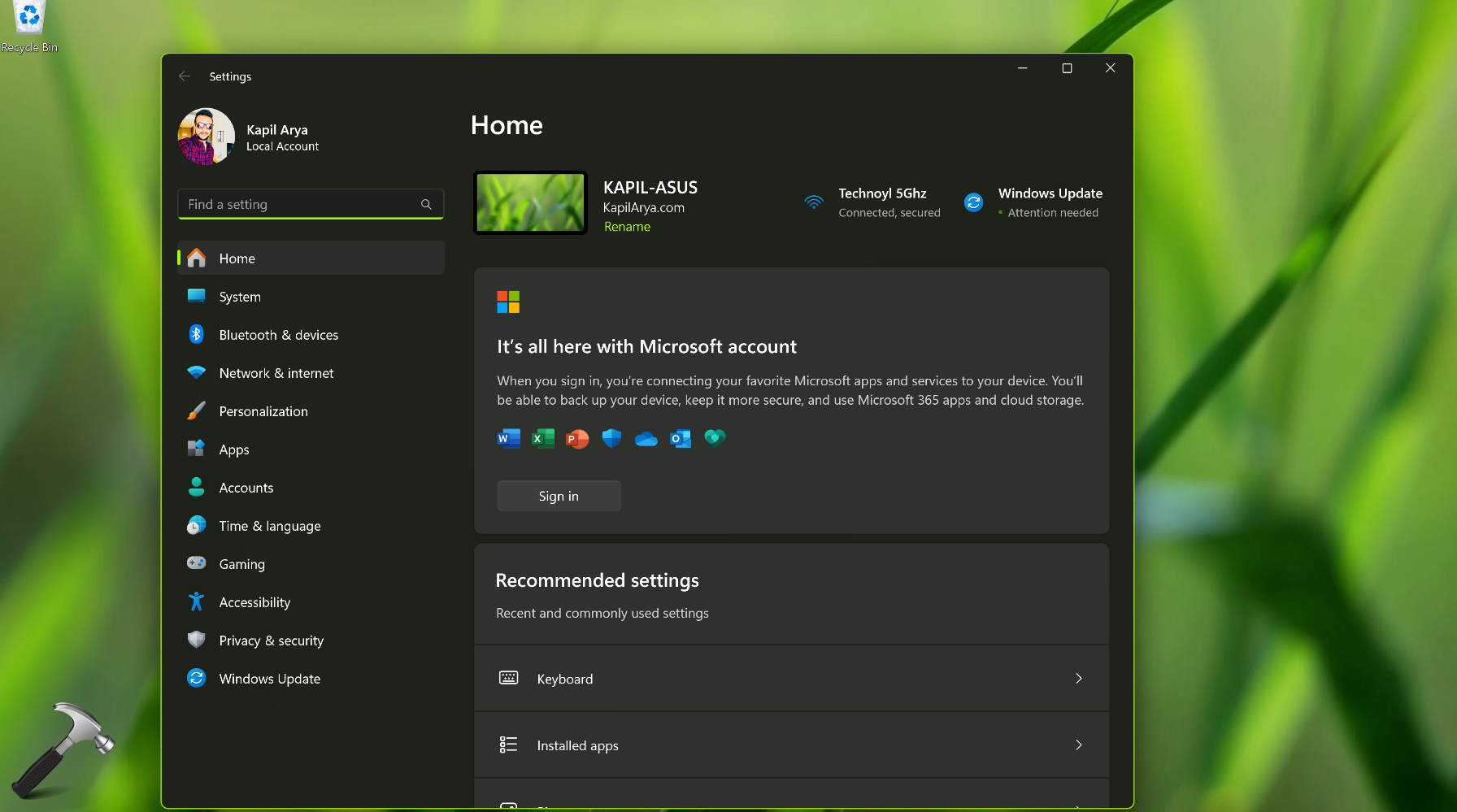 Settings app Home page