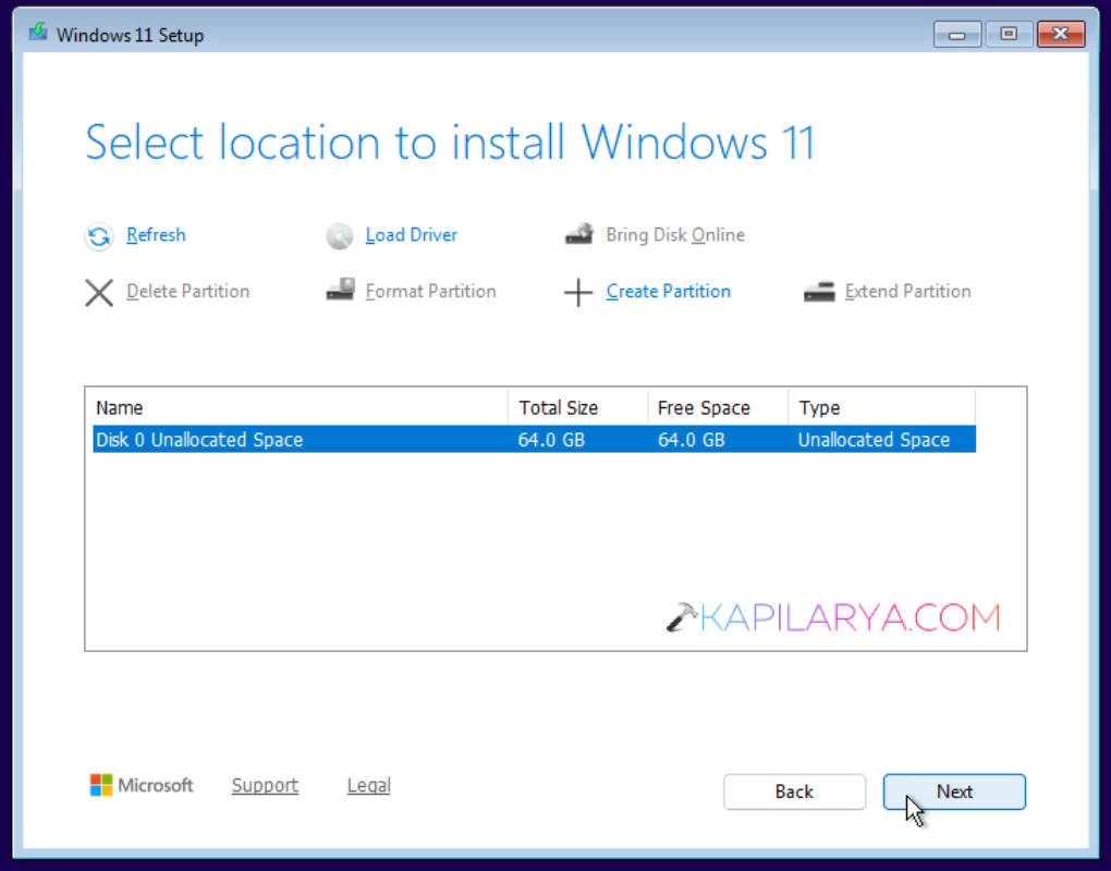 choose the location to install Windows 11