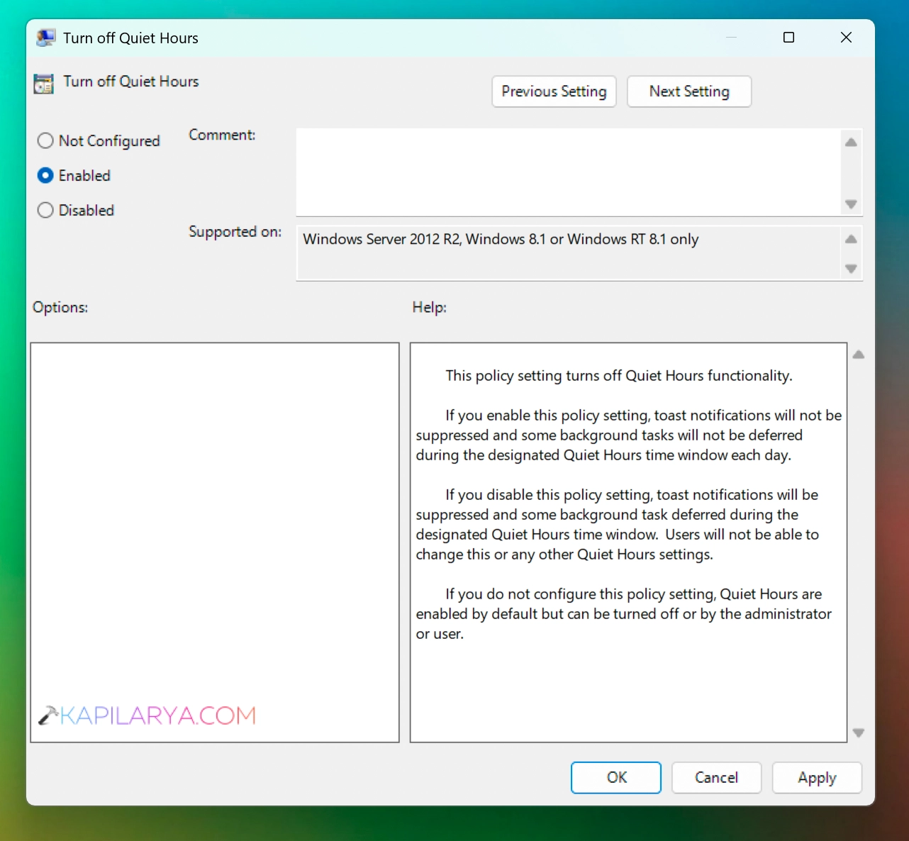 Enable Turn off quiet hours