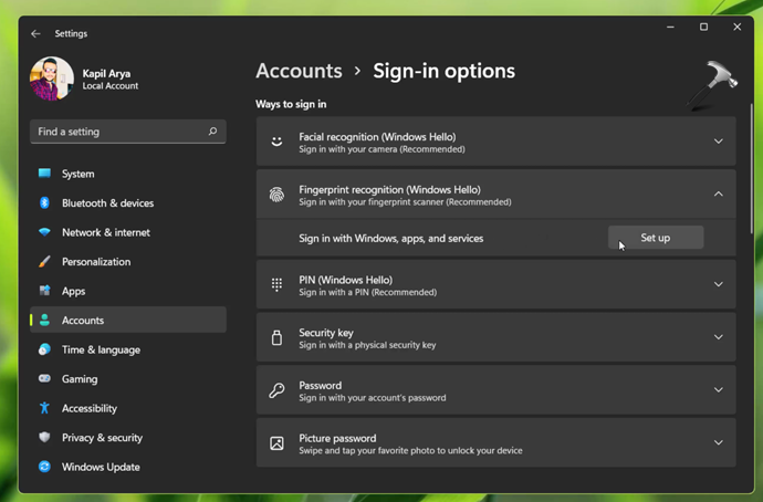 How to setup Fingerprint login in Windows 11