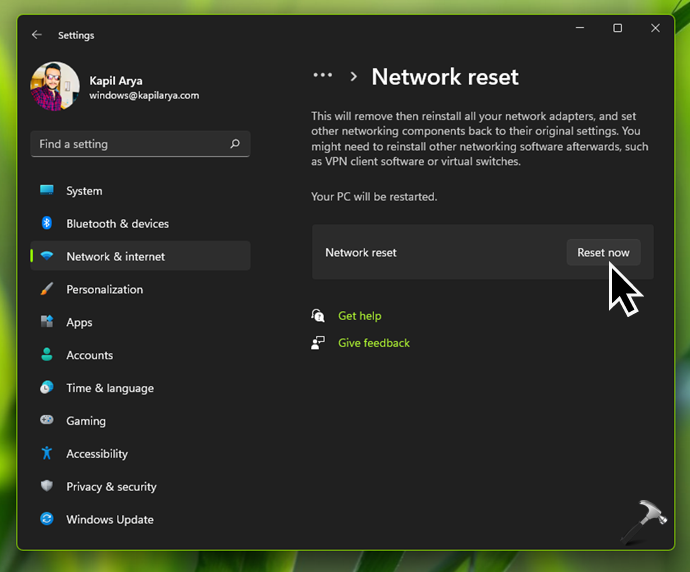 Reset network settings in Windows 11