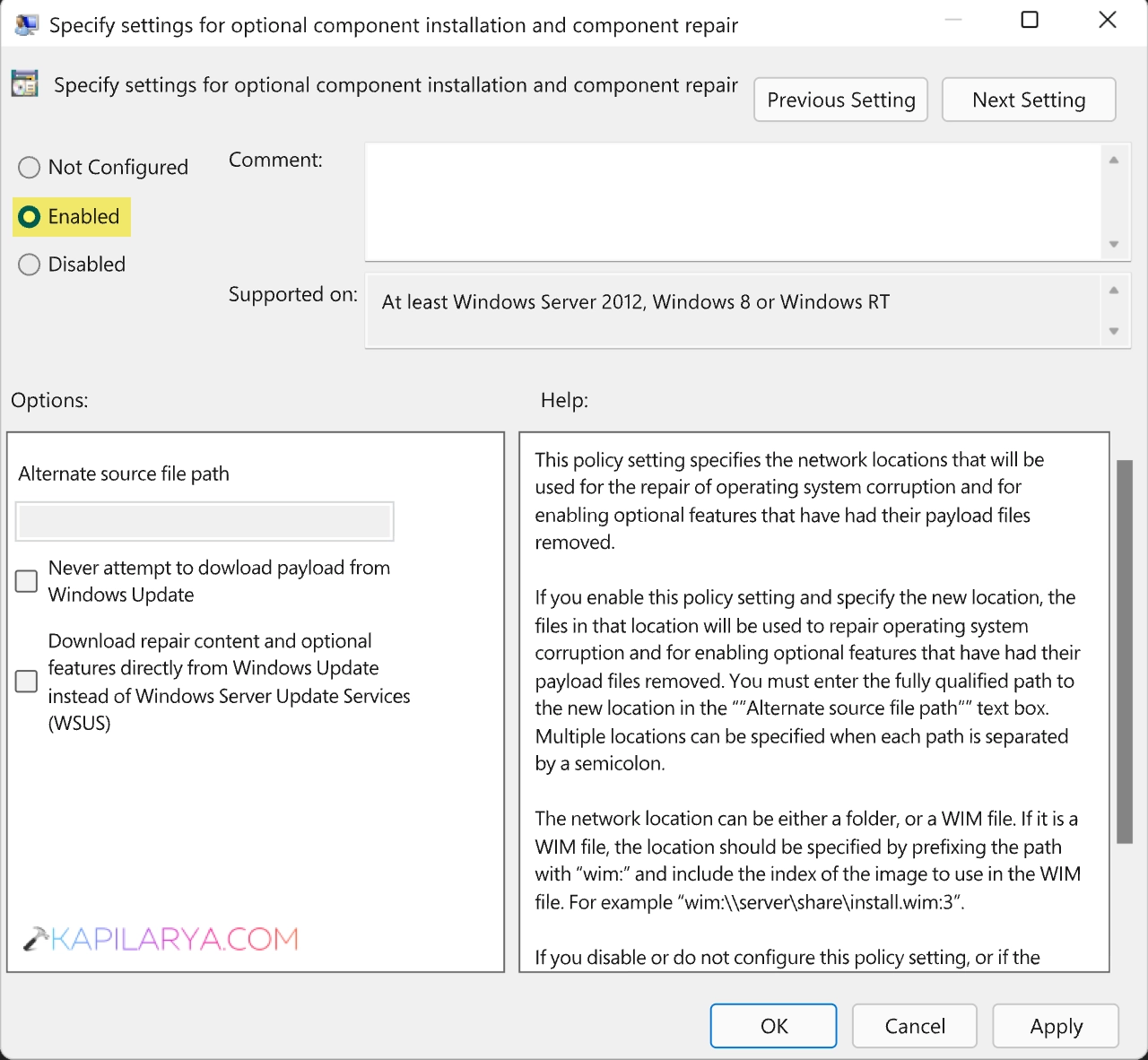 Specify settings for optional component installation and component repair