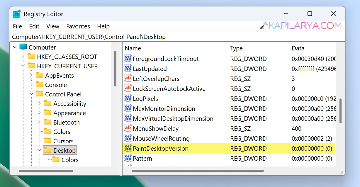 Remove Desktop Watermark for current user with registry in Windows 11