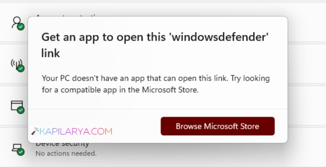 Get an app to open this windowsdefender link